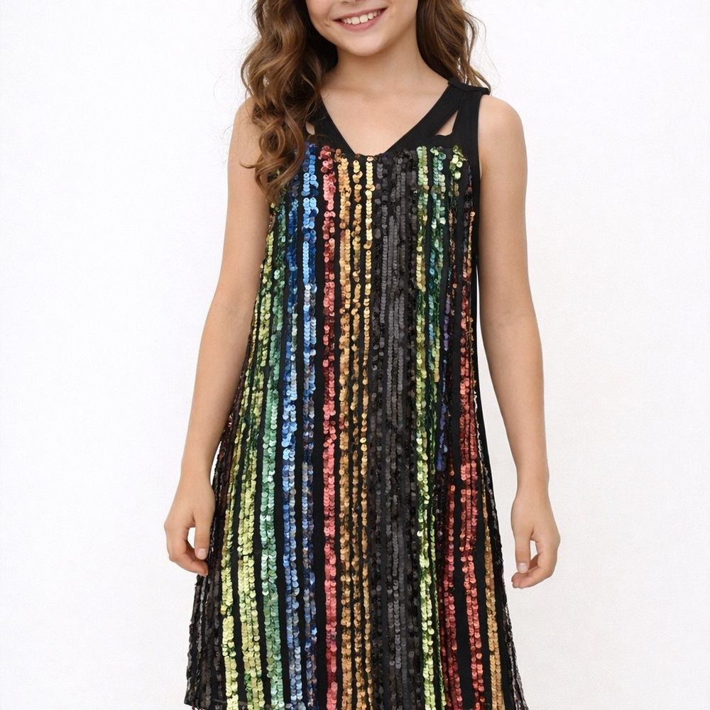 Hannah Banana Black Dress with Multicolor Sequin Stripes size 10 NWT